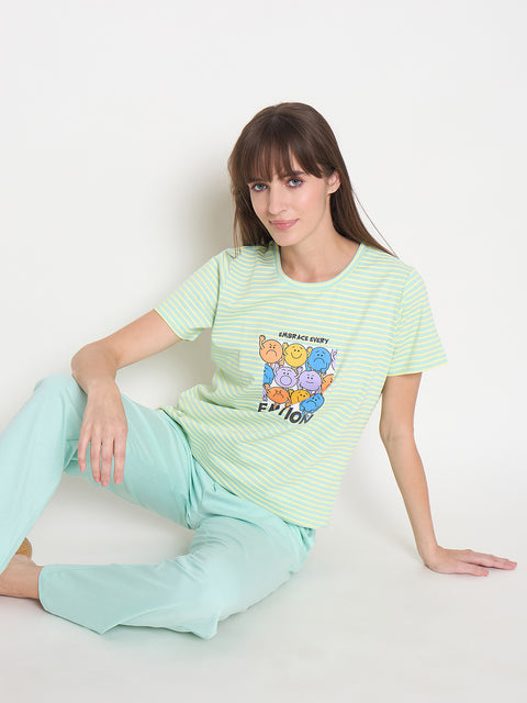 mSECRET Printed Top, Shorts and Bottoms Mint Green Night Suit