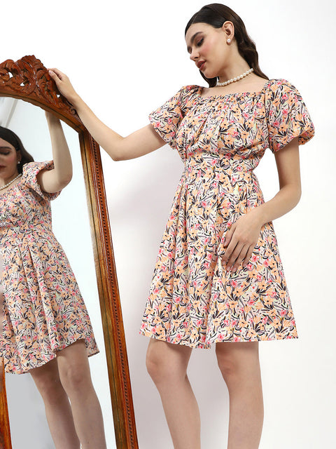 Madame Cotton Floral Print Off Shoulder Orange Mini Dress