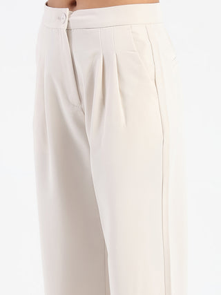 Madame Pleat Detailed Solid Beige Straight Trousers