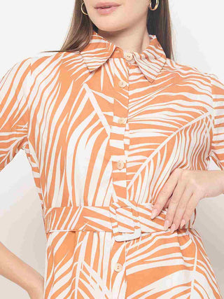 Madame Botanical Print Cotton Blend Orange Shirt Dress