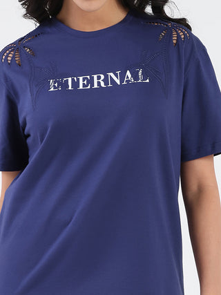 Madame Printed Embroidery Cutwork Navy Blue Crop T-shirt