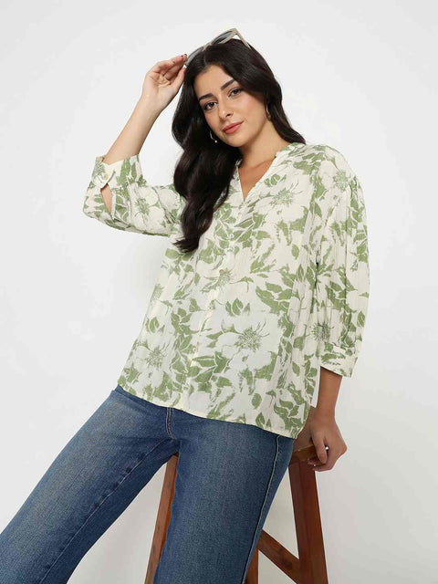 Madame Botanical Print Green Rayon Blend Top
