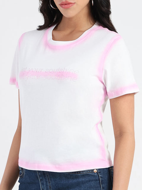 Madame Spray Painted Embellished Pink Cotton Crop T-shirt