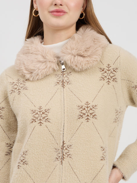 Madame Beige Printed Fur Collar Cardigan