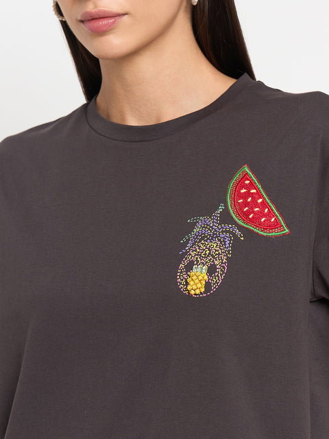 Madame Charcoal Cotton Half-Sleeve T-Shirt