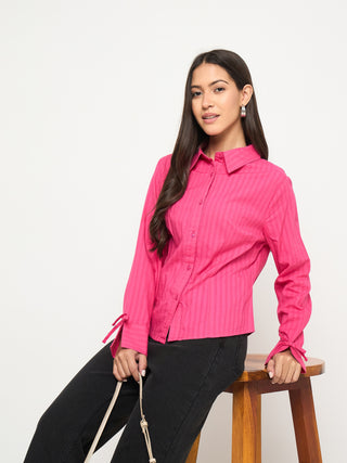 Madame Tie-Cuff Detail Striped Hot Pink Cotton Shirt