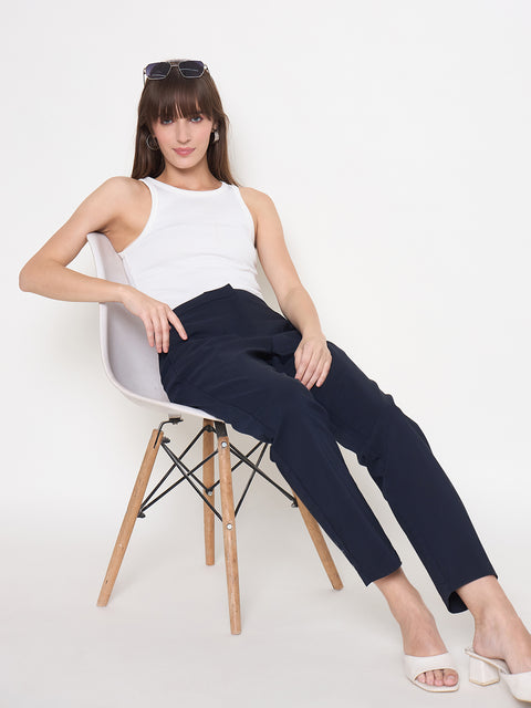 Madame Alex Waist Belt Detail Solid Navy Blue Trousers