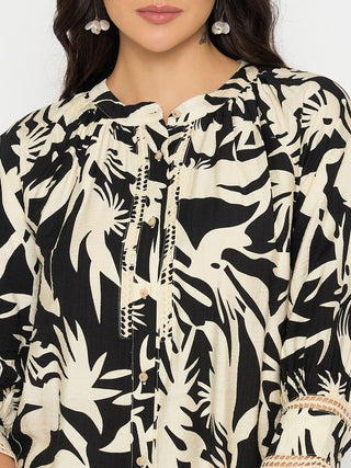 Madame Botanical Print Black Rayon Blend Top