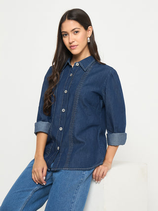 Madame Pintuck Detailed Mid Blue Denim Shirt
