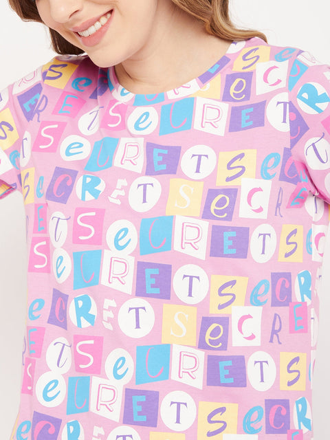 mSECRET Lavender Typography Cotton Nightsuit