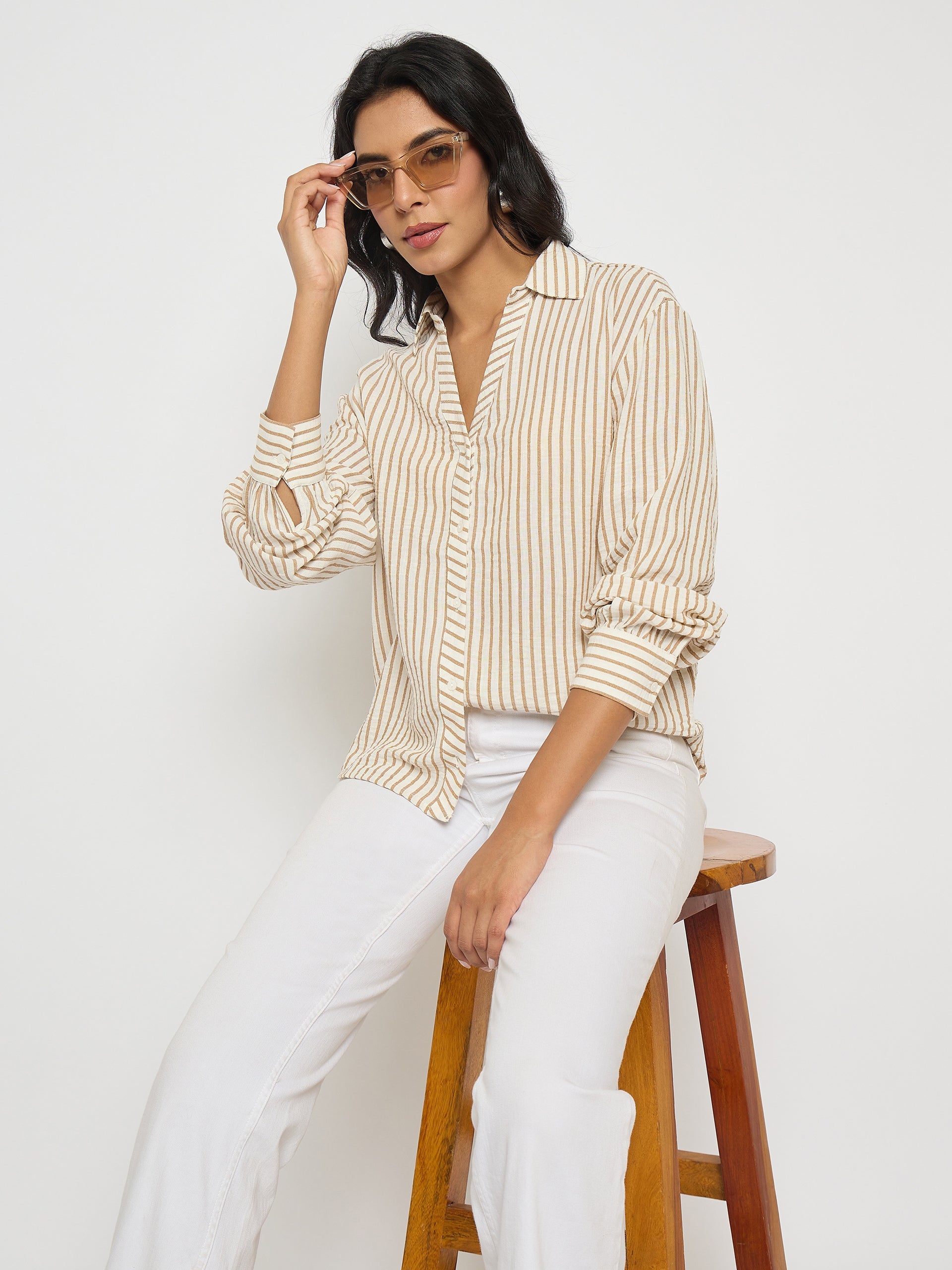Madame Textured Brown Striped Shirt color swatch