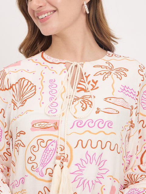 Madame Off White Printed Rayon A-Line Midi Dress