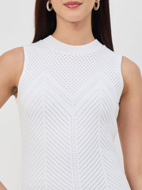 Madame White Cotton Knit Self-Design Bodycon Dress