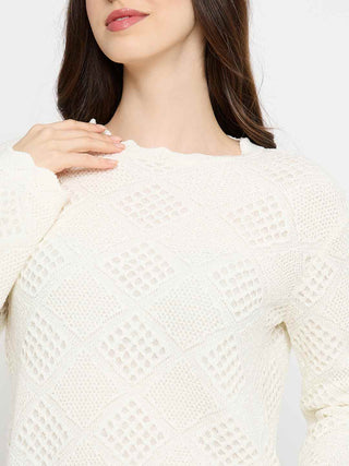 Madame Textured Scalloped Hem Off White Knitted Top