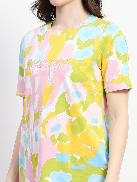 Madame Abstract And Typography Print White Cotton T-Shirt