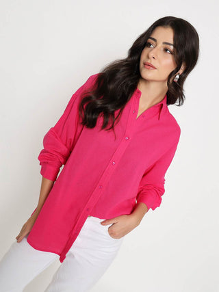 Madame Linen Blend Solid Hot Pink Shirt