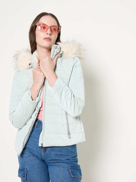 Madame Nylon Detachable Hood Quilted Light Blue Short Jacket