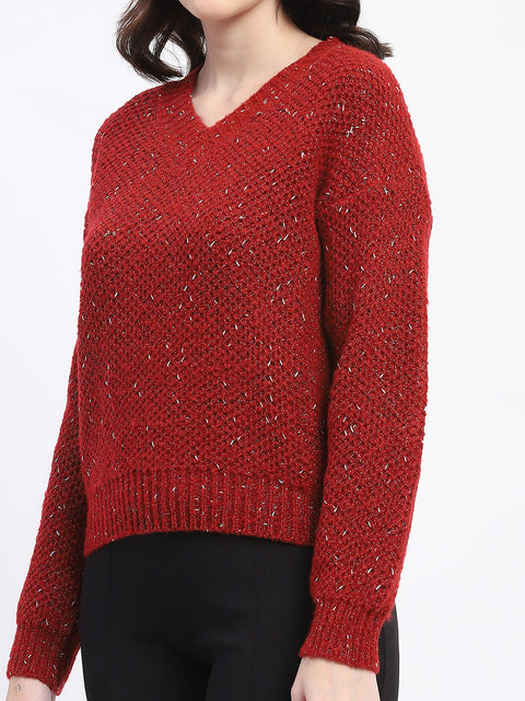 Madame Shimmery V Neck Relaxed Fit Wine Sweater