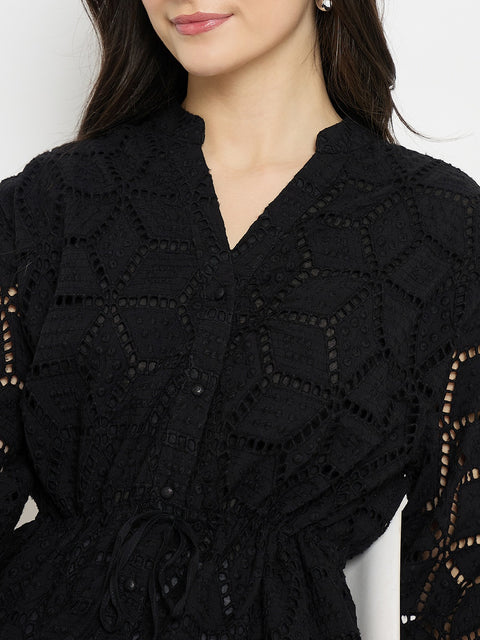 Madame Black Cotton Schiffli Peplum Top