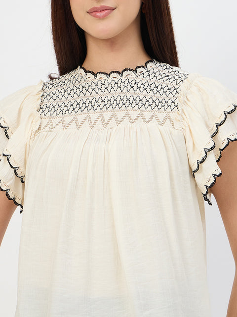 Madame Off-White Scallop-Trim Viscose Gather Top