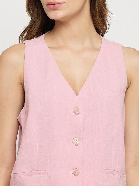 Madame Pink Viscose Linen Blend V-Neck Sleeveless Waistcoat