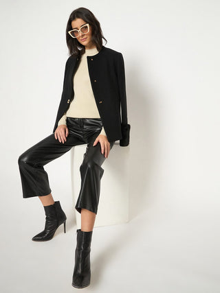 Madame Straight Fit Solid Black Faux Leather Trouser