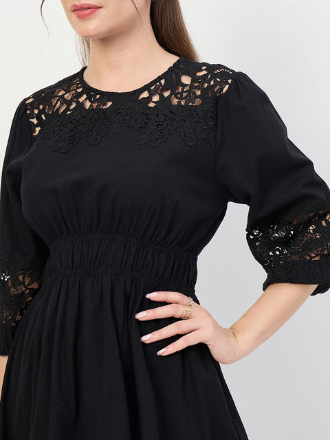 Madame Black Puff Sleeve Cotton Mini Dress
