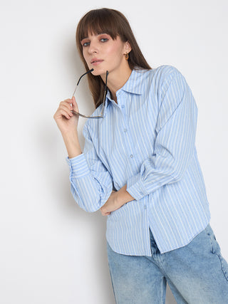 Madame Striped Cuff Sleeve with Shirt Collar Blue Shirt