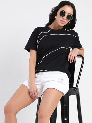 Madame Cord Detailed Solid Black Cotton T-shirt