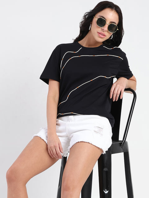 Madame Cord Detailed Solid Black Cotton T-shirt