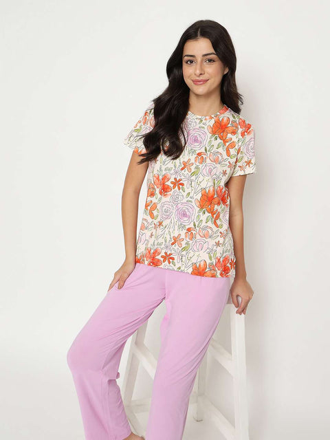 mSECRET Botanical Print Top and Solid Bottoms Lavender Night Suit