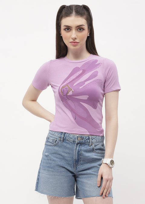 Madame Graphic Print Lilac Ribbed T-Shirt