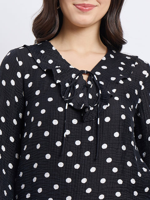 Madame Black Polka Dot Print Ruffle Collar Top