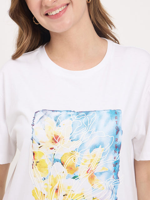 Madame White Graphic Print Cotton Round Neck T-Shirt