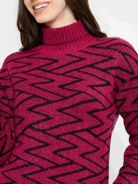 Madame Geometric Print High Neck Fuchsia Pink Sweater