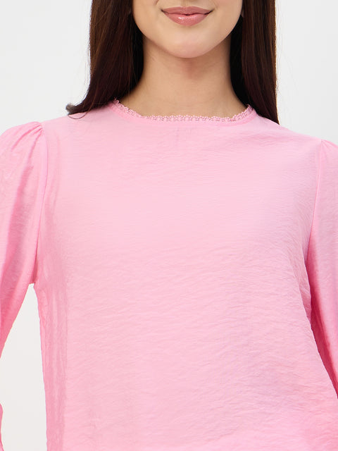 Madame Pink Embroidered Bishop-Sleeve Viscose Top