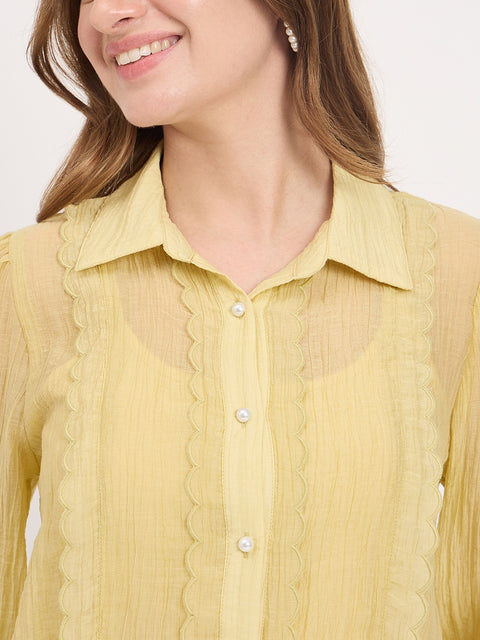 Madame Yellow Lace Detail Lyocell Puff Sleeve Shirt