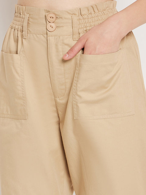 Madame Beige Ankle Length Cotton Trousers