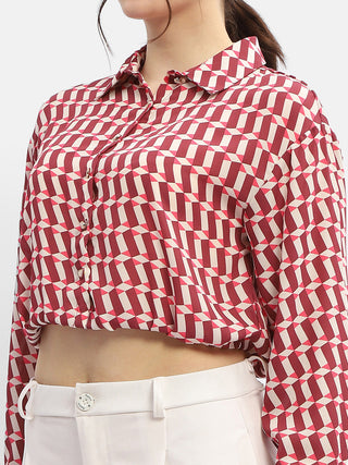 Madame Geometric Print Maroon Crop Shirt