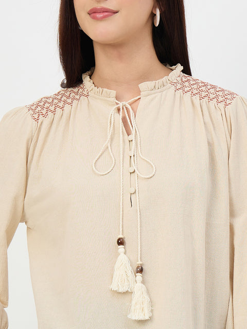 Madame Beige Gather-Detail Cotton Top