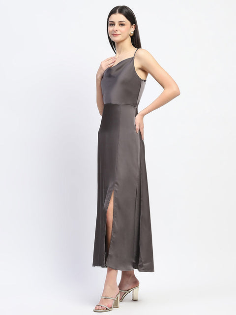 Madame Cowl Neck Solid Grey Satin Maxi Dress