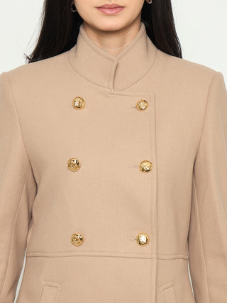 Madame Beige Long Coat with Stand COllar and Buttons