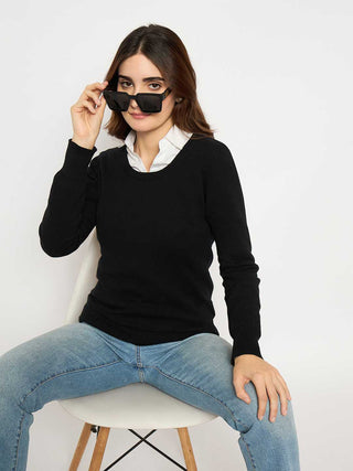 Madame Round Neck Ribbed Cuff Black Sweater
