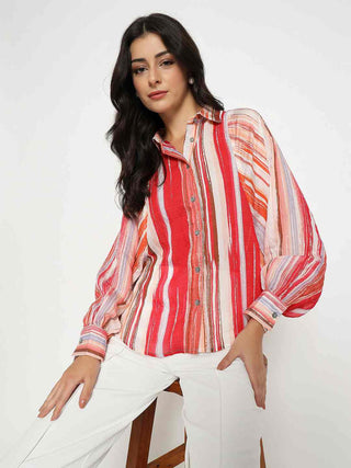 Madame Striped Viscose Blend Red Shirt