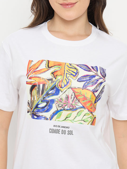 Madame White Graphic Print Cotton Round Neck T-Shirt