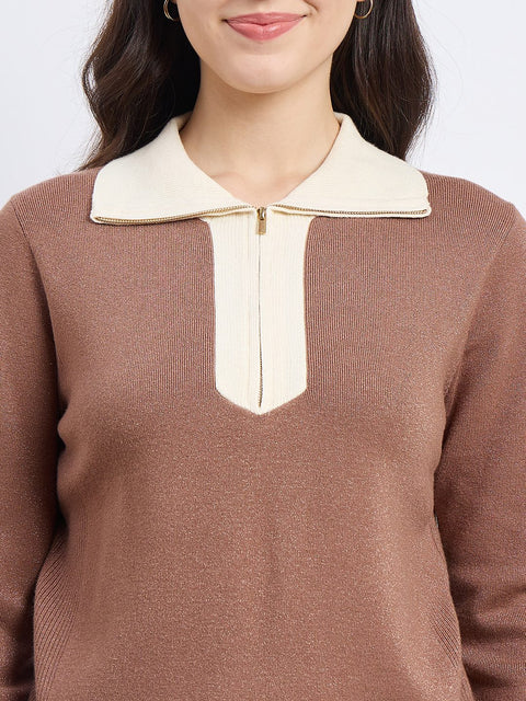 Madame Brown Contrast Trim Knit Top