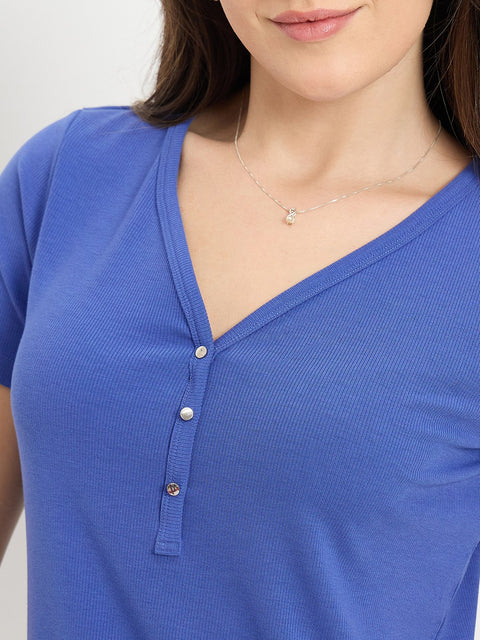 Madame Blue V-Neck T-Shirt with Button Placket