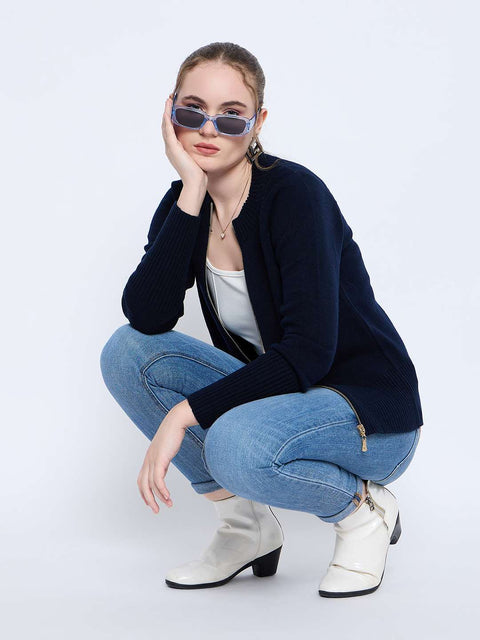 Madame Acrylic Blend Zipped Navy Blue Sweater