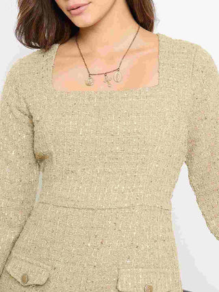 Madame Square Neck Beige Bodycon Dress with Feather Trim Sleeves