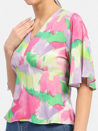 Madame Floral Print Pink Flutter Sleeve Top